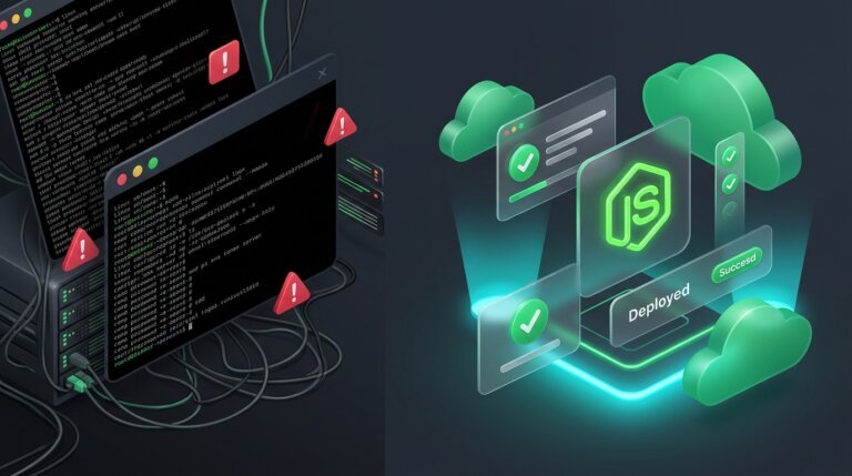 Illustration comparing complex unmanaged Linux VPS terminal configuration with automated GreenGeeks managed Node.js cloud deployment